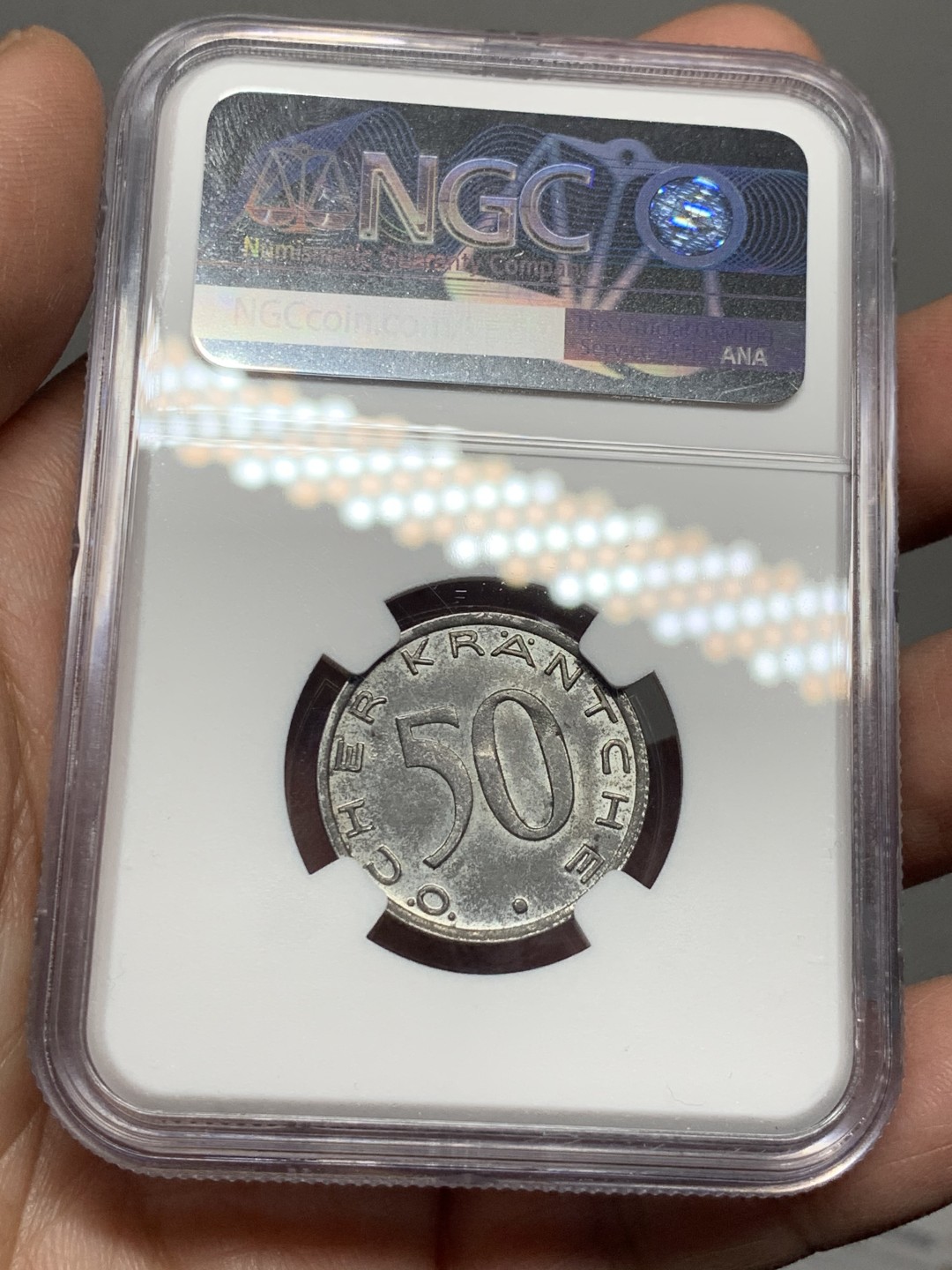 《竞宝斋》第143场-周日，周一 2场 (全场包邮) NGC-MS63 德紧 1920年 亚琛小名誉品种 50芬尼 鹰头铁币