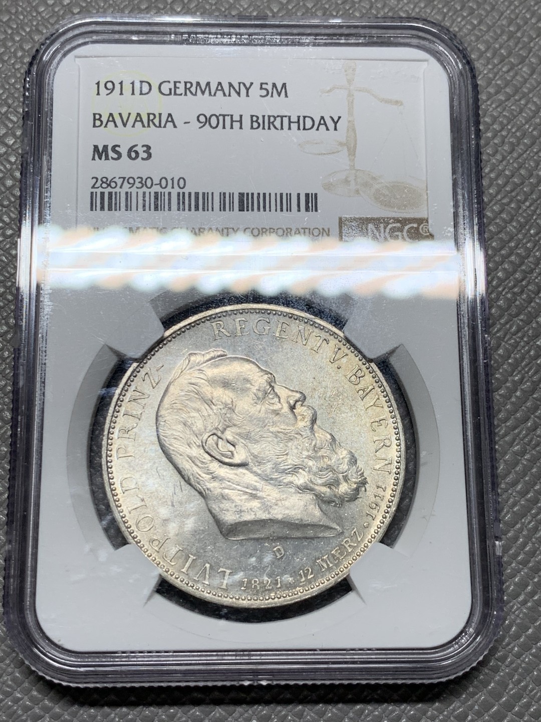 《竞宝斋》第143场-周日，周一 2场 (全场包邮) NGC-MS63 德国 1911年 5马克 银币 巴伐利亚  摄政王90大寿纪念银币 细节完美 高分难得