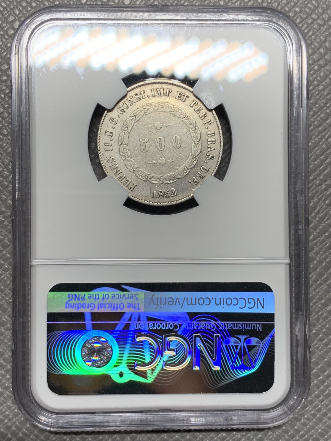 《竞宝斋》第143场-周日，周一 2场 (全场包邮) NGC-XF 1852巴西500里亚尔银币，大叶版