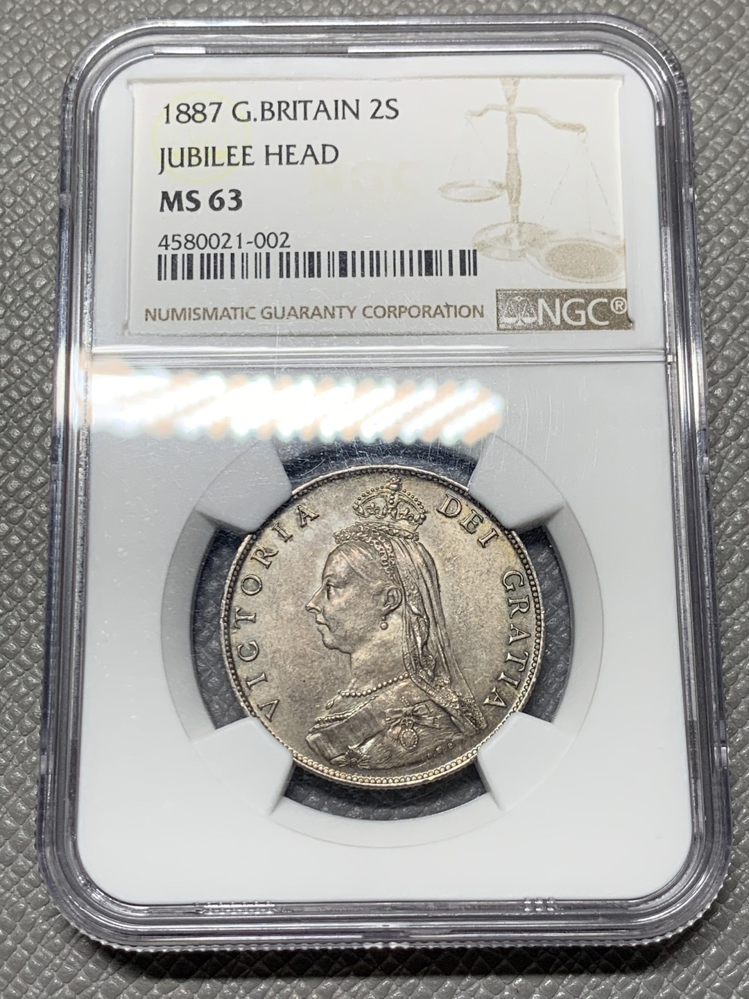 《竞宝斋》第143场-周日，周一 2场 (全场包邮) NGC-MS63 英国1887年1福林（2先令）银币，包浆漂亮