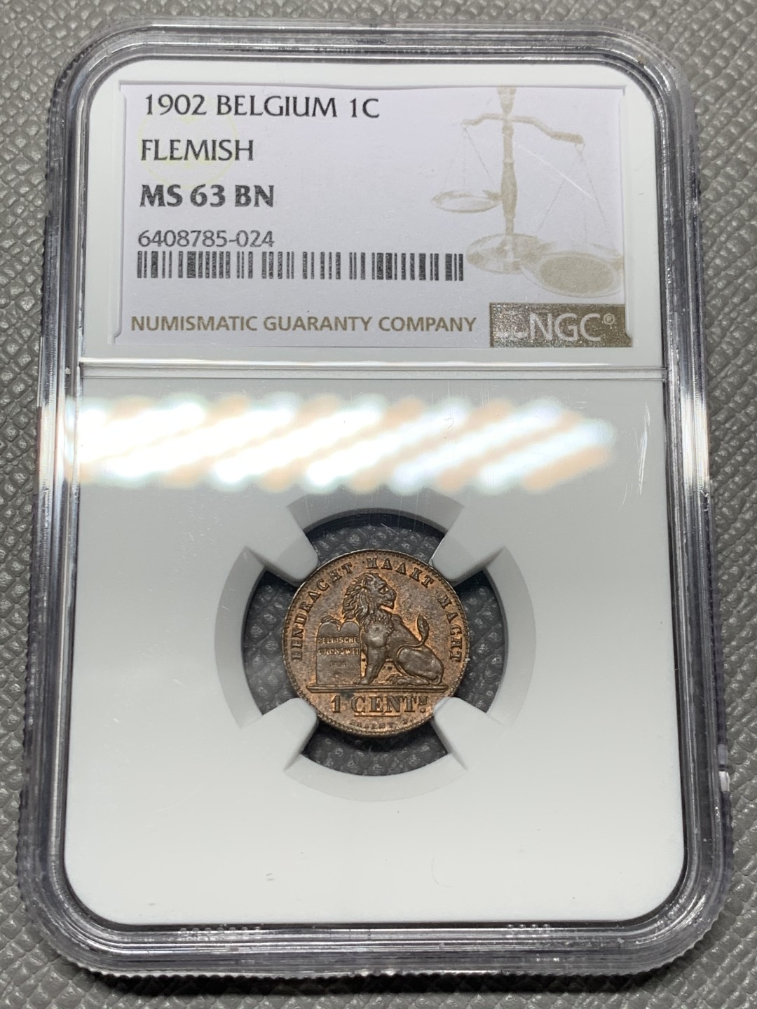 《竞宝斋》第143场-周日，周一 2场 (全场包邮) 唯一冠军分 NGC-MS63 比利时1902年 狮子1分 铜币 顶级品相