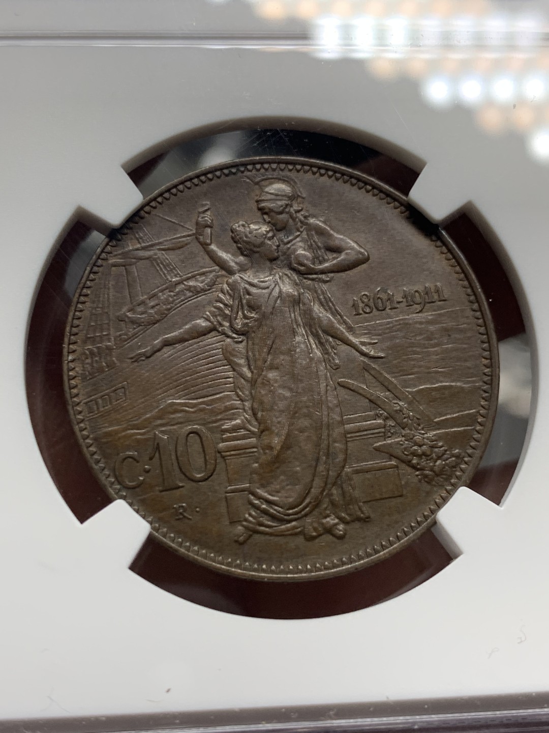 《竞宝斋》第143场-周日，周一 2场 (全场包邮) NGC AU-55BN，意大利1911年10分拖奶，均匀巧克力色贼拉好看，按MS买的裸币，不想折腾了