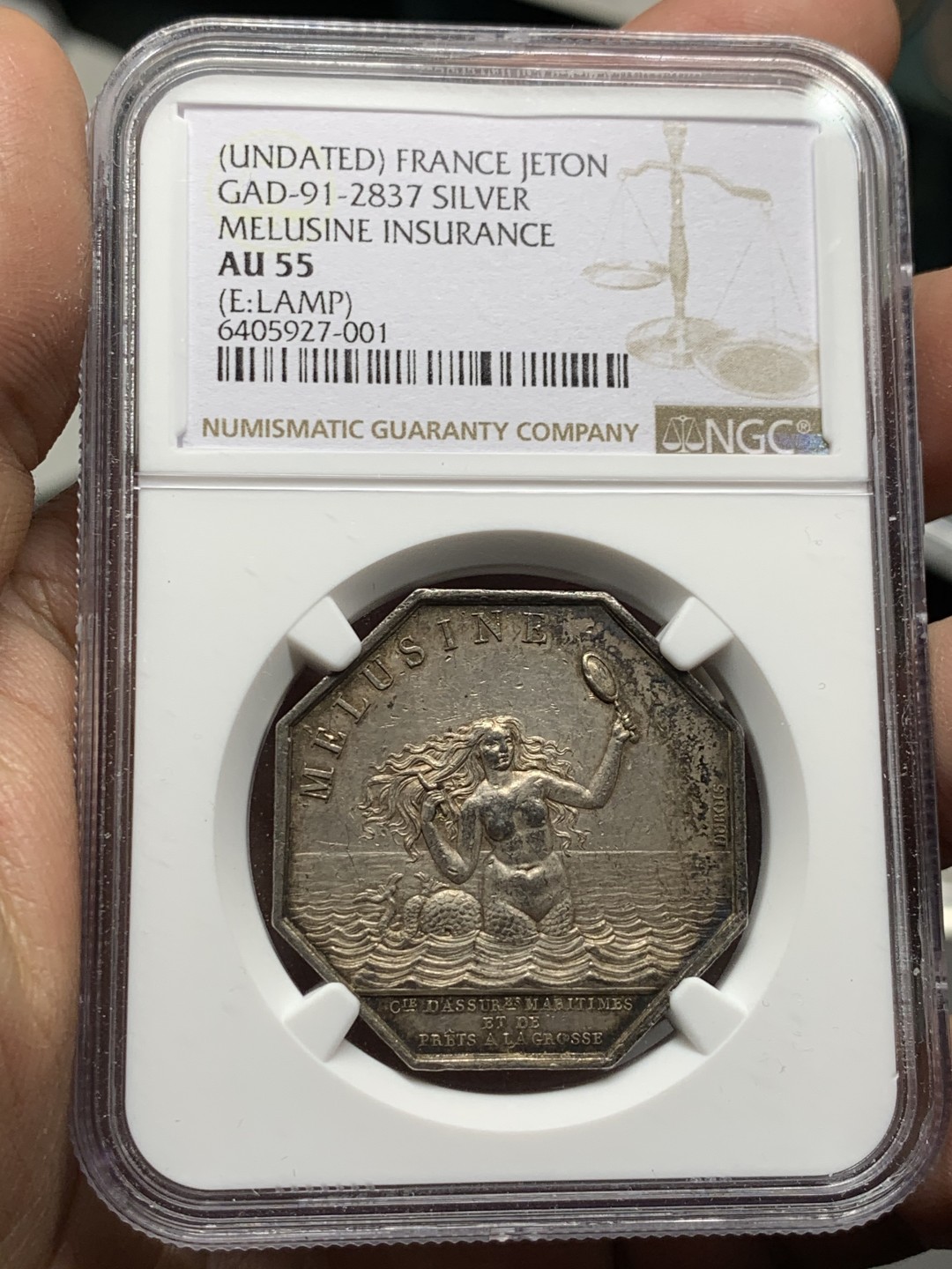 《竞宝斋》第143场-周日，周一 2场 (全场包邮) NGC-AU55 季军分 法国名誉品八角海妖 八角银币 八角目录封面币