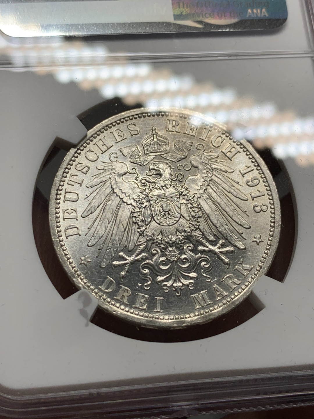 《竞宝斋》第143场-周日，周一 2场 (全场包邮) NGC-MS62 德国 1913年 3马克 银币 普鲁士 威廉二世军装版银币 原光好品 转光强烈