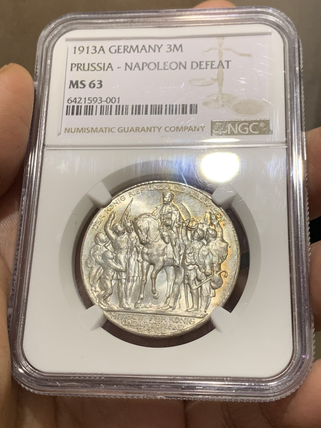 《竞宝斋》第143场-周日，周一 2场 (全场包邮) NGC MS63 1913年德国普鲁士战胜拿破仑3马克 银币