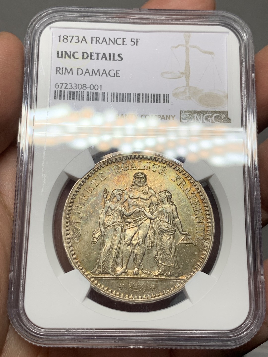 《竞宝斋》第143场-周日，周一 2场 (全场包邮) NGC UNC  法国 1873年 大力神银币 好品低评包浆漂亮 MS的既视感