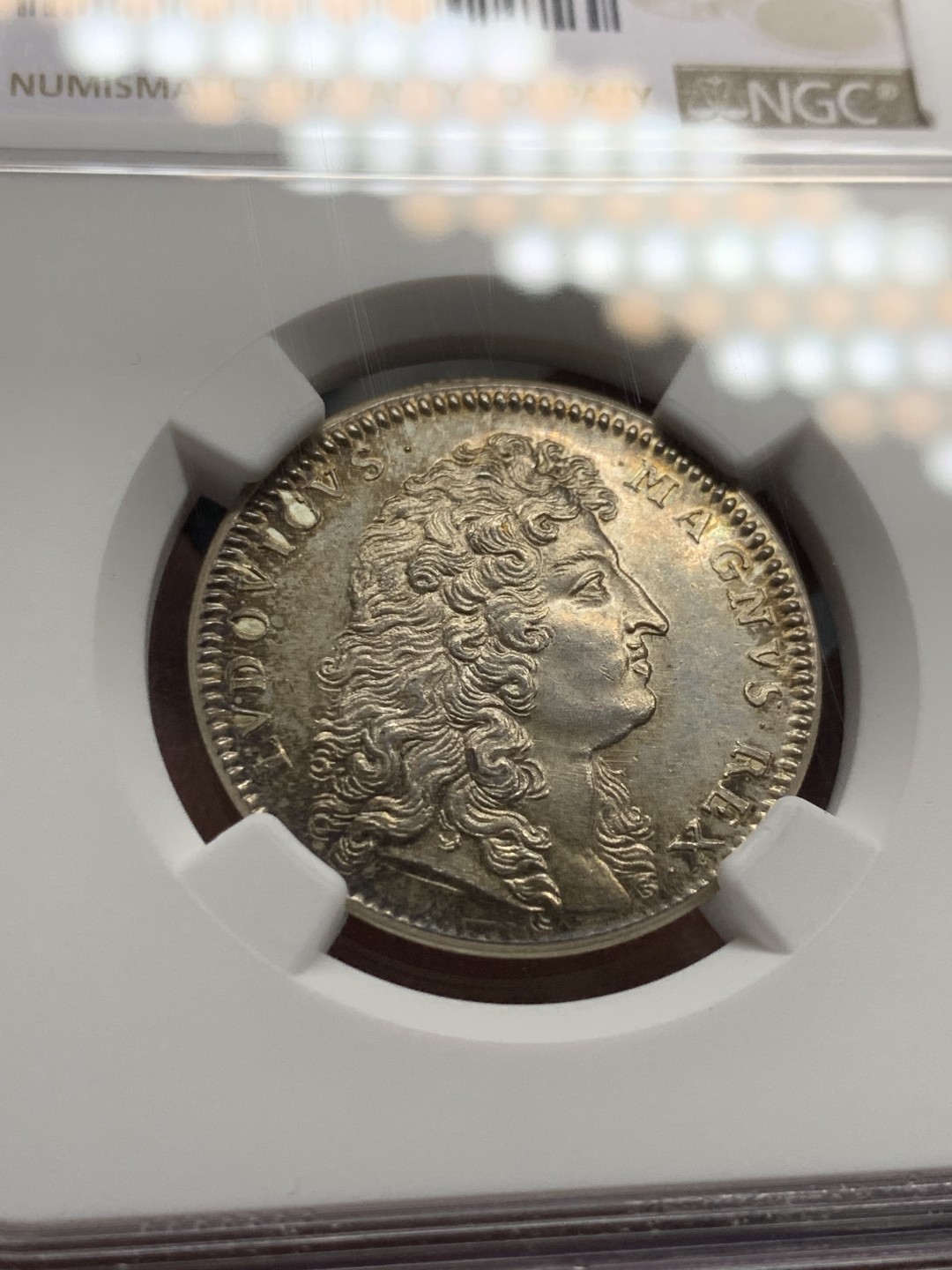 《竞宝斋》第143场-周日，周一 2场 (全场包邮) NGC-MS63 法国1683年路易十四 圆形JETON 五彩包浆 发丝清晰可见 JETON里的战斗机