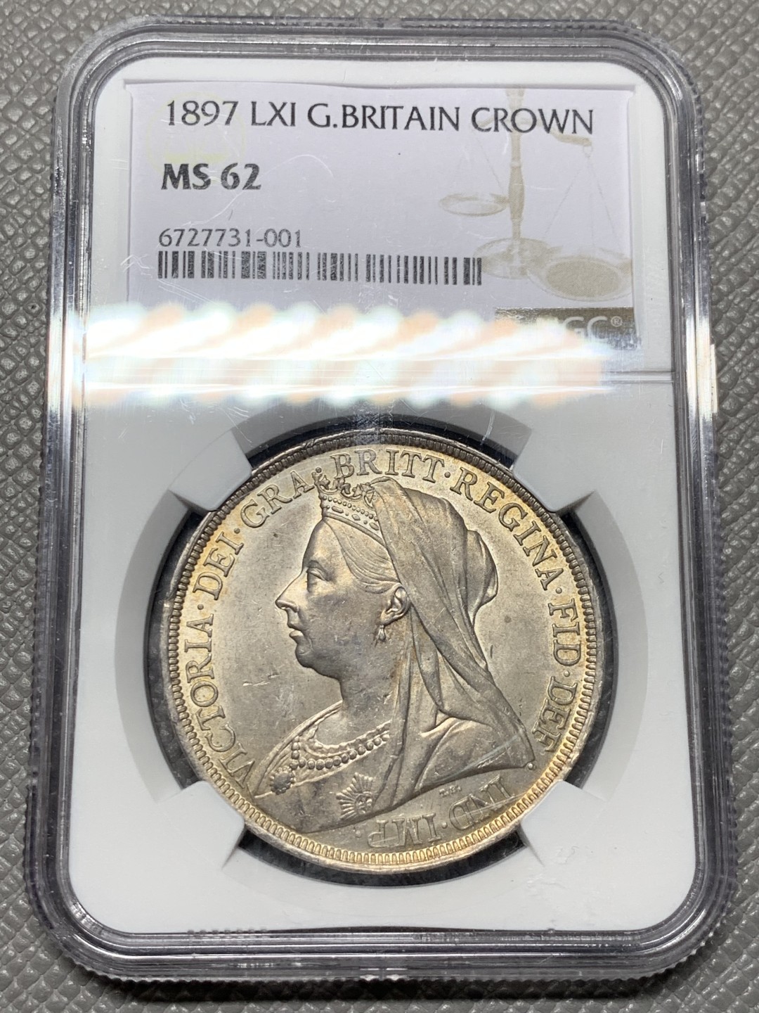 《竞宝斋》第143场-周日，周一 2场 (全场包邮) NGC-MS62 英国 1897 维多利亚 披纱版 1克朗马剑银币