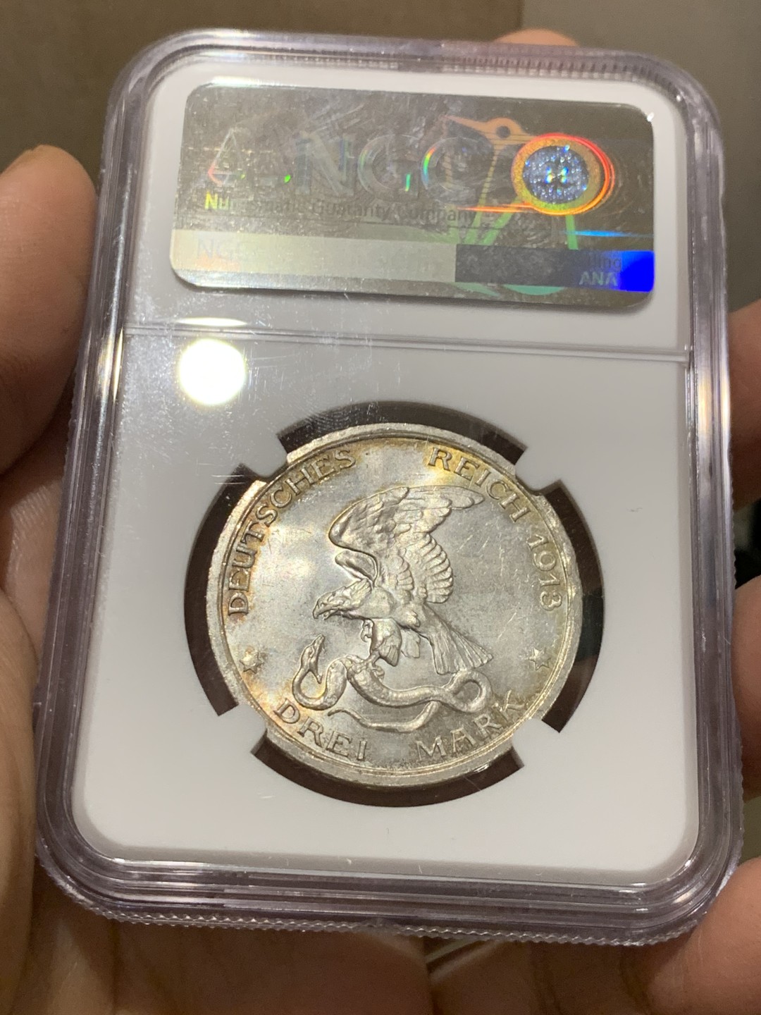 《竞宝斋》第143场-周日，周一 2场 (全场包邮) NGC MS63 1913年德国普鲁士战胜拿破仑3马克 银币