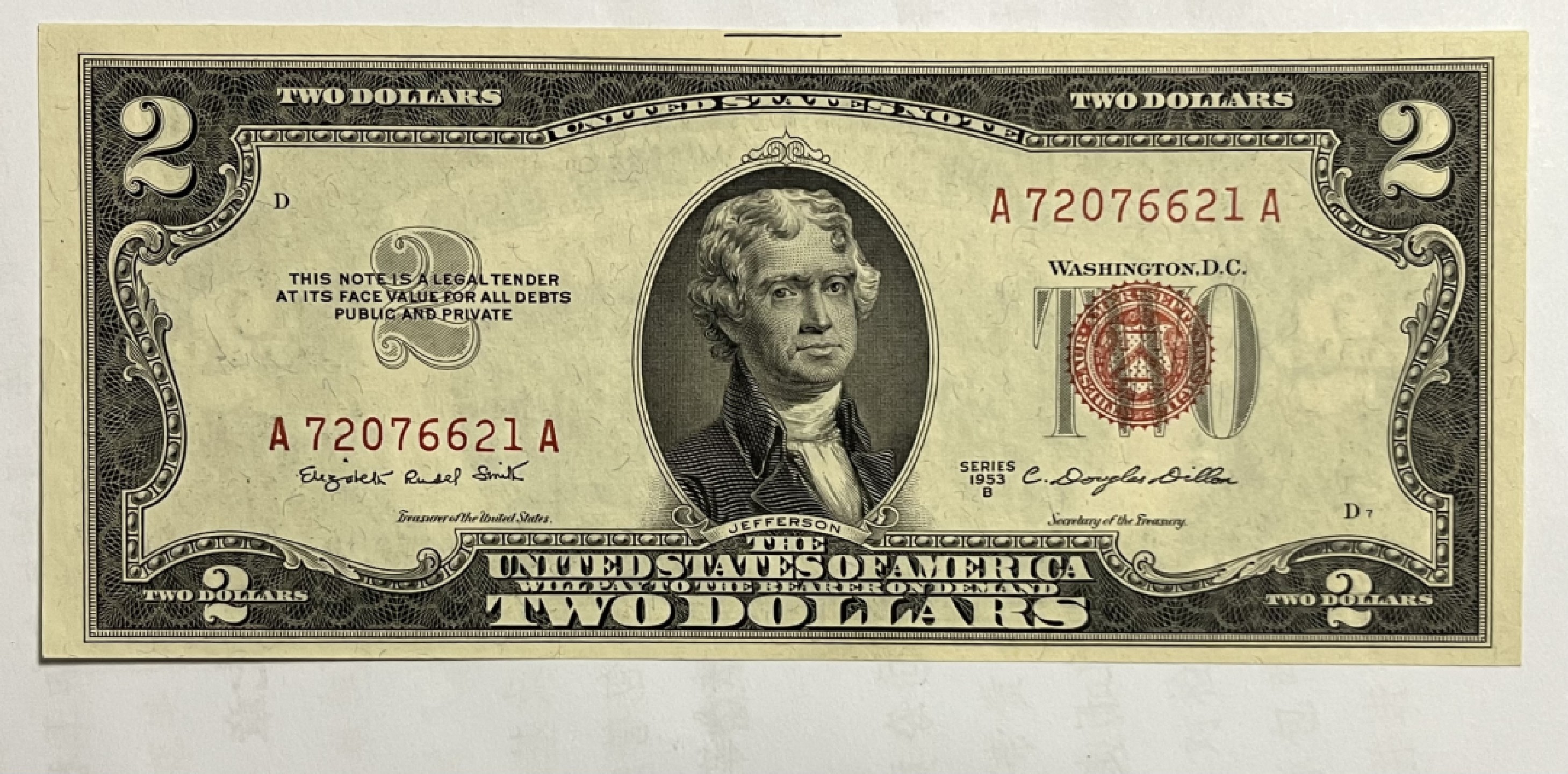 Chase Auction 第19期 - - 外钞、民国钞和人民币混合场！ 1953年B版  2美元 政府券 红色库印 AA冠号 全新UNC 号码无4
