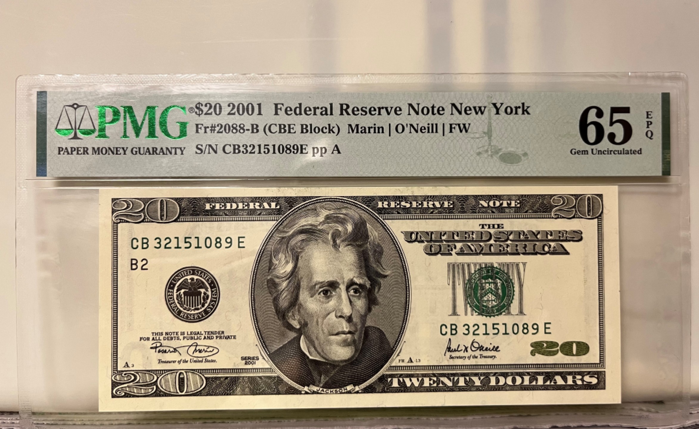 Chase Auction 第19期 - - 外钞、民国钞和人民币混合场！ 2001版 大头版 20美元 联邦储备券 PMG65EPQ 号码无47 
