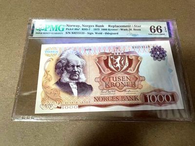 【Blue Auction】✨世界纸币精拍第302期【精】 - 【a版补号 冠军分 无47】挪威 1975年1000克朗 易卜森 PMG66EPQ 