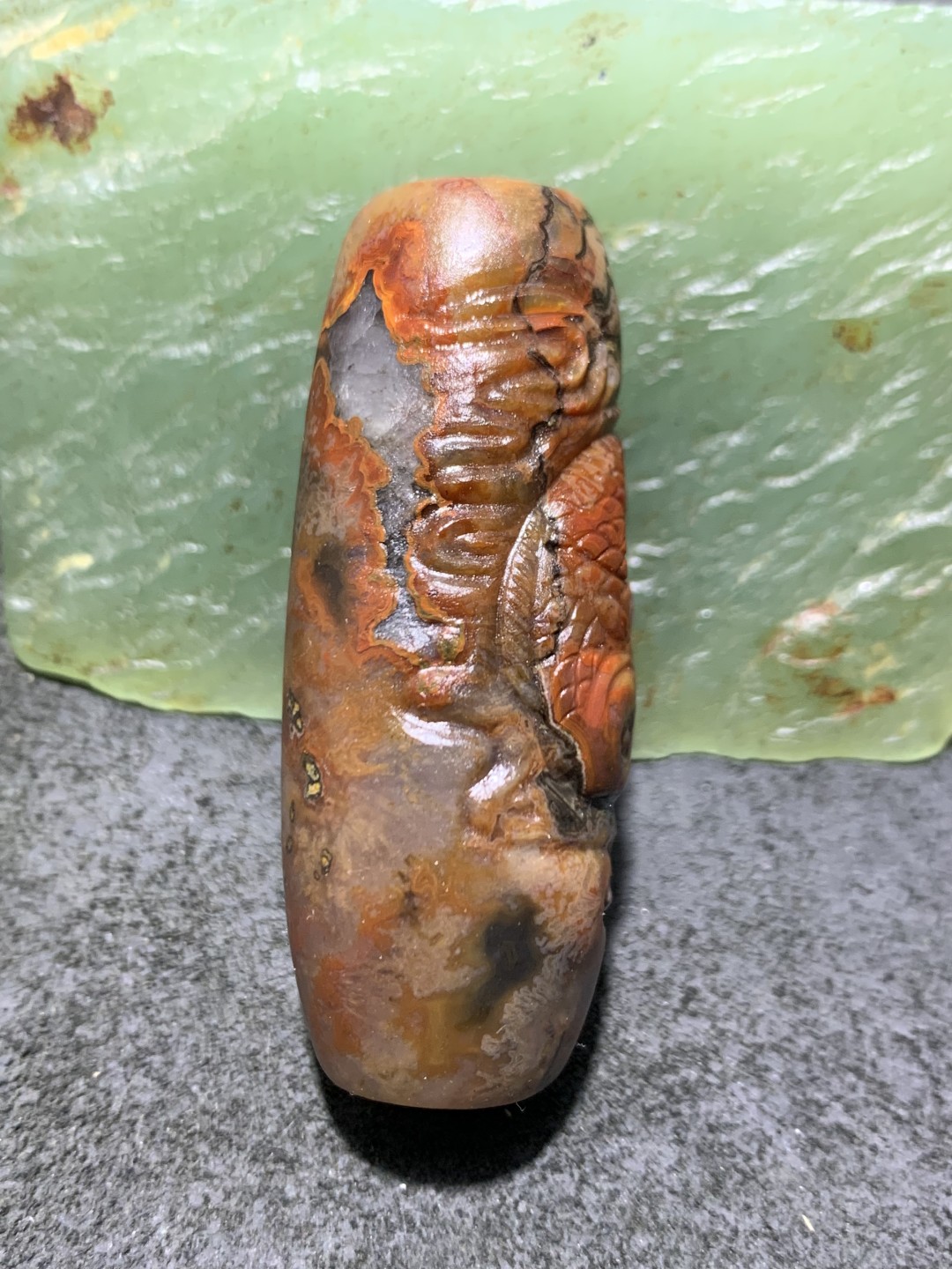 精美冰飘亚光战国红玛瑙手工雕刻富贵有大余桶珠一颗！