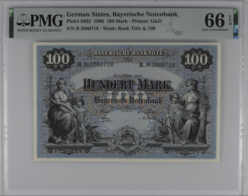 收藏联盟Quantum Auction 第240期拍卖 已更新 德国1900年100马克 PMG66 G&D印刷 大票幅 发行于一战前德国经济繁荣时期
