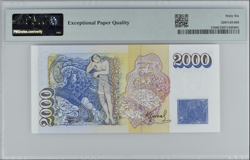 收藏联盟Quantum Auction 第240期拍卖 已更新 冰岛1995年2000克朗 PMG66 第一签名 号码无4 琳达与天鹅
