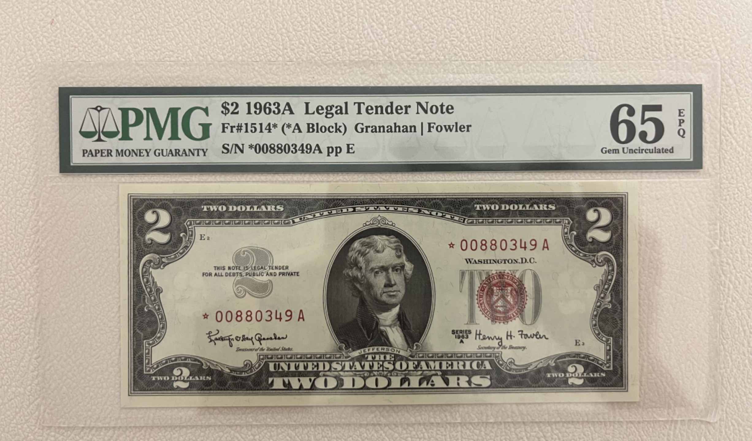 Chase Auction 第19期 - - 外钞、民国钞和人民币混合场！ 1963A版 2美元 政府券 红色库印 PMG老壳评级65EPQ 星补号 稀缺品种