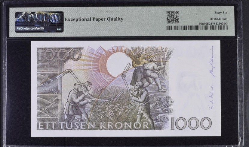 收藏联盟Quantum Auction 第240期拍卖 已更新 瑞典1989年1000克朗 PMG66 初版首发年份第一签 号码无4 瑞典国王古斯塔夫.瓦萨 背面为作家马格努斯描绘北方人民劳作场景的画作