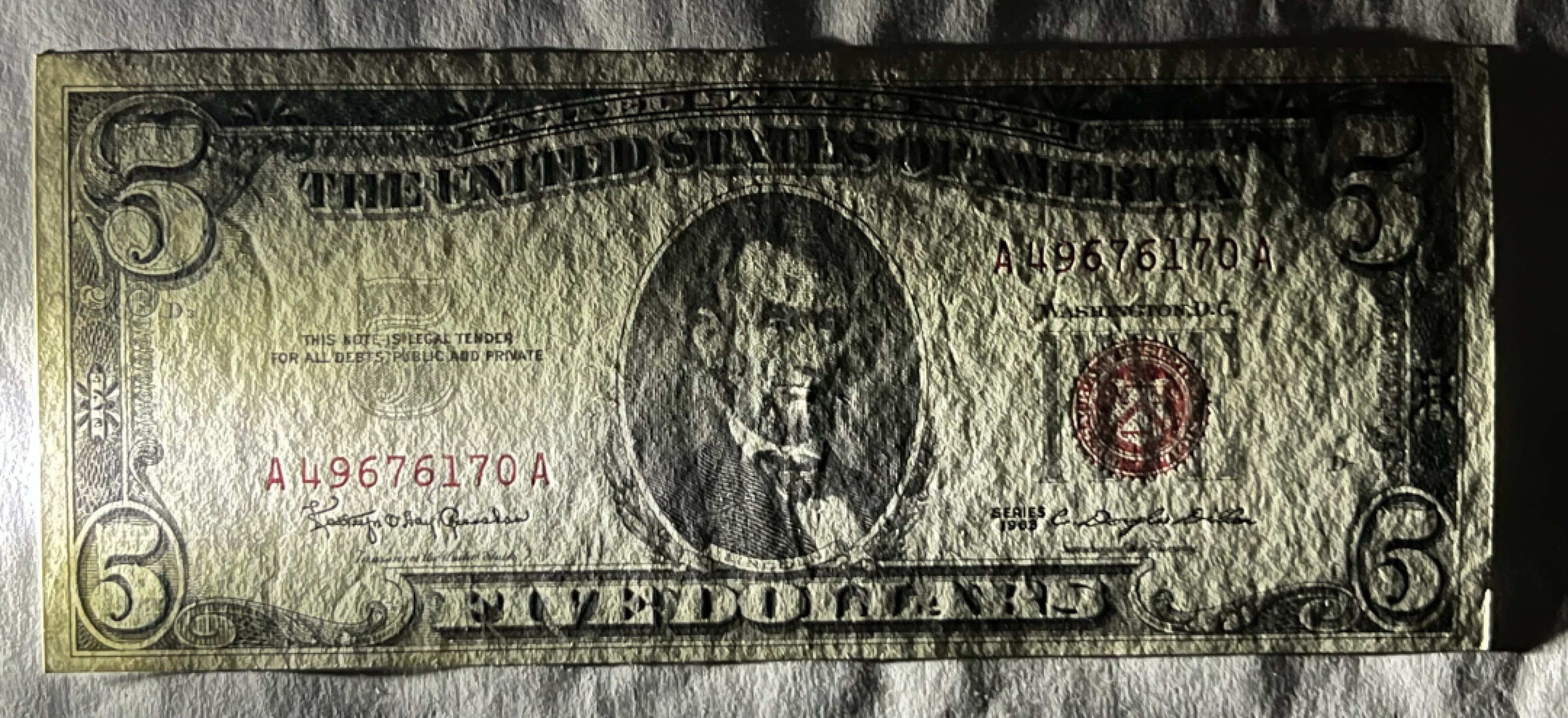 Chase Auction 第19期 - - 外钞、民国钞和人民币混合场！ 1963正版 5美元 政府券 红色库印 AA冠号 全新UNC！