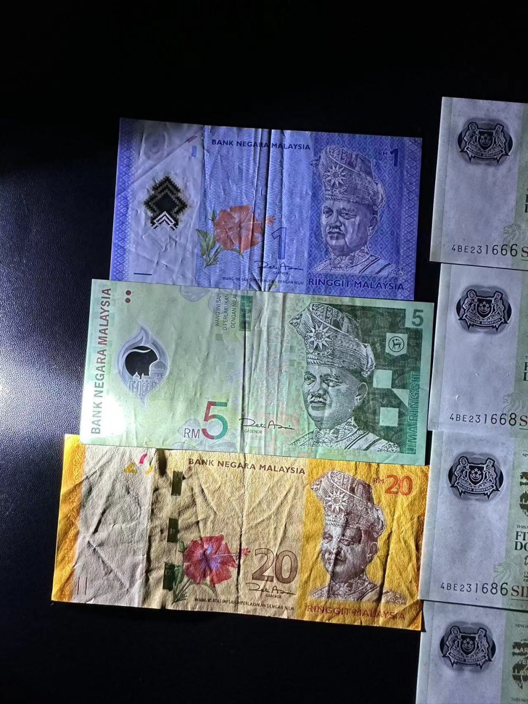 《外钞收藏家》第二百五十一期 马来西亚和新加坡塑料钞 组合七张 都是非全新 新加坡四张无折