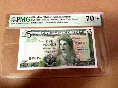 【Blue Auction】✨世界纸币精拍第302期【精】 - 【冠军分 满分 仅2张 典藏版】直布罗陀 1988年5镑 高冠女王 PMG70EPQ星星