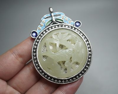 ｜古風玉石｜精选专拍｜·第·贰·场· - 和田玉｜铜合金镶嵌工艺｜·鱼戏荷·挂件