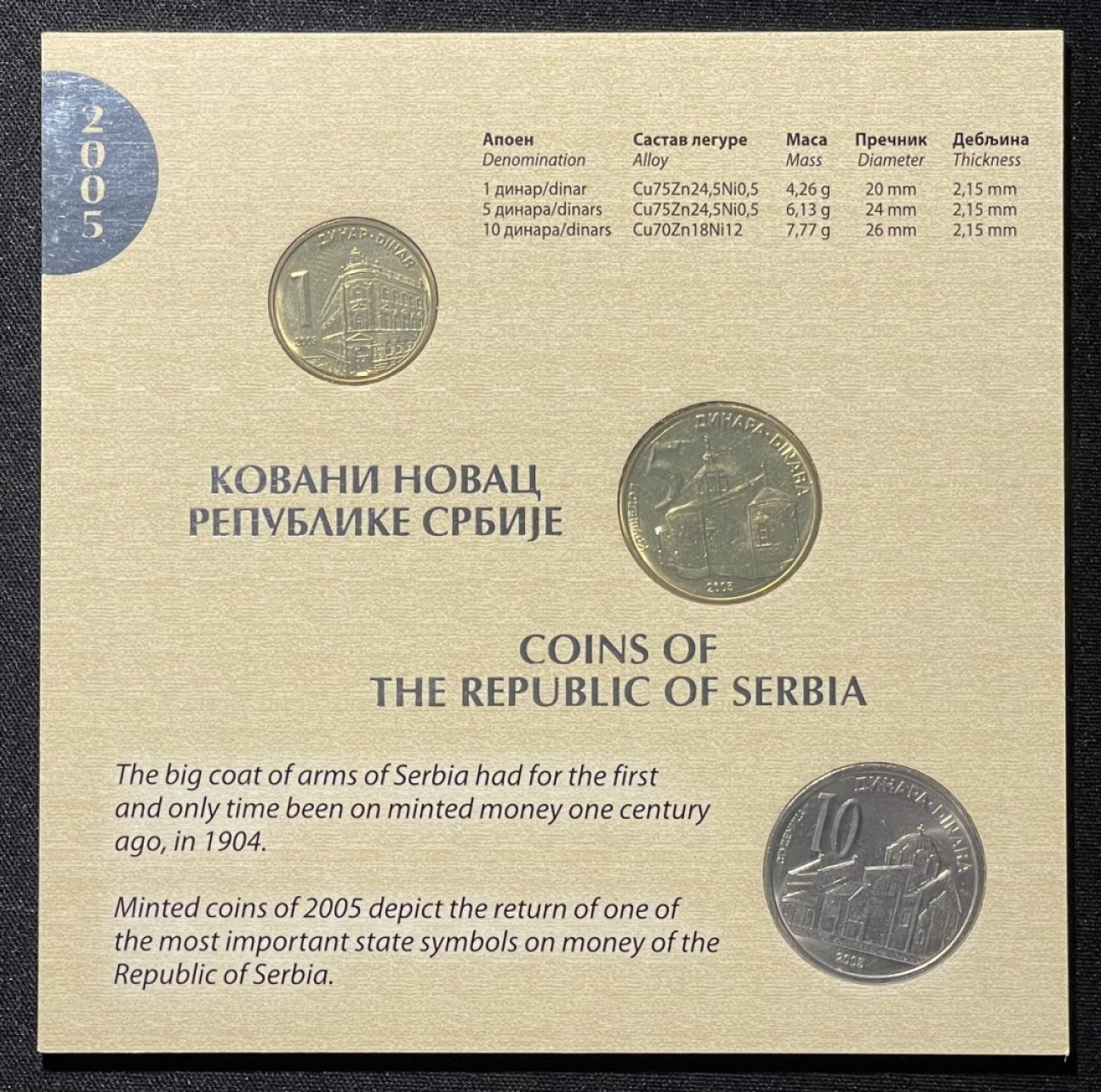 紫瑗钱币——第267期拍卖 塞尔维亚 2005年 流通币 1 2 5 第纳尔 3枚套 原厂卡装 UNC