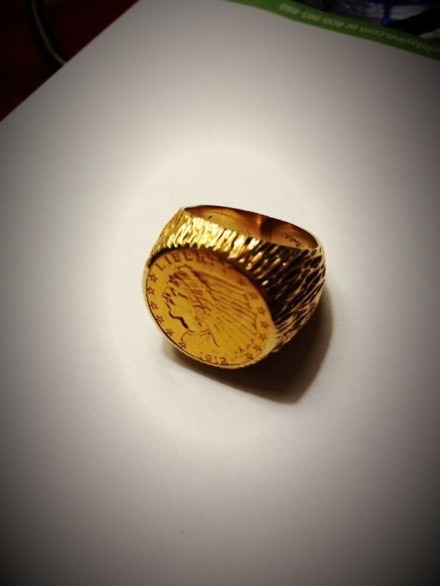 CSIS-GREAT评级精品钱币拍卖第一百八十六期 美国1912年印第安人头像鹰2.5美元金币镶嵌老工艺流苏纹大戒指