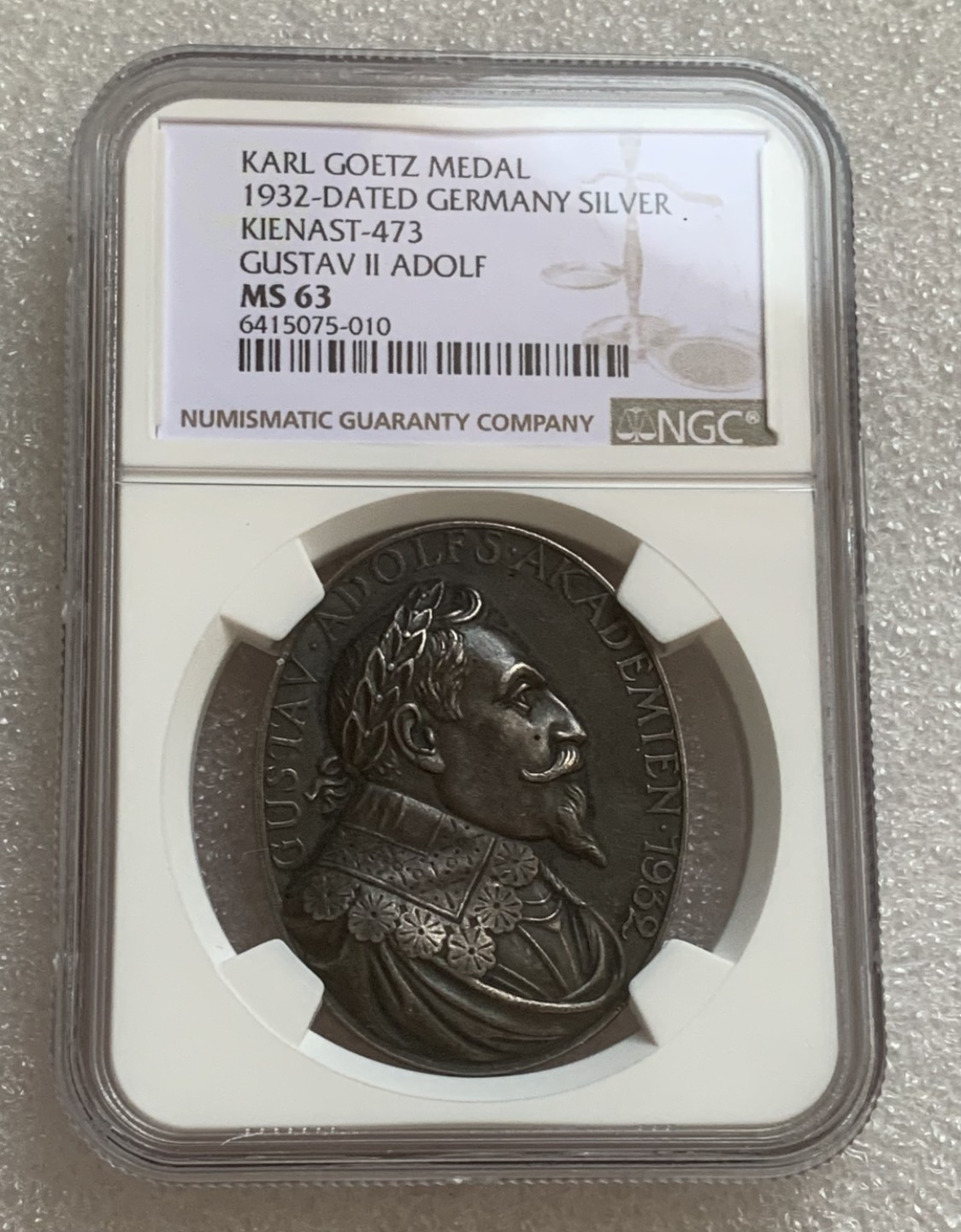 瓶子🏺第83期拍卖会 德国1932年古斯塔夫二世椭圆纪念银章NGC MS63