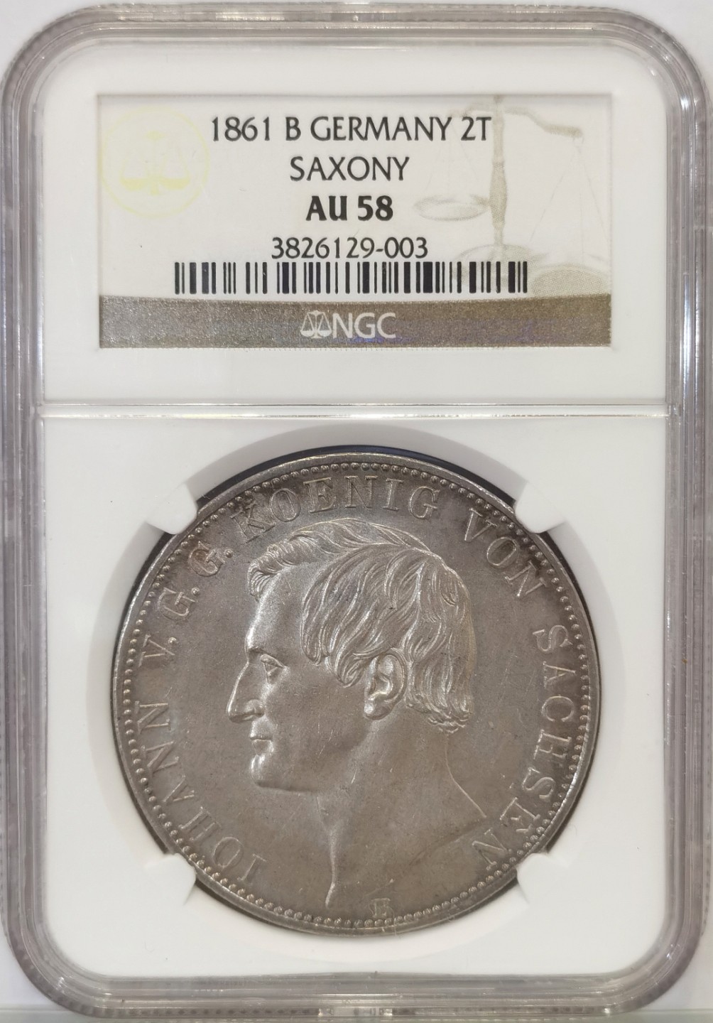 博洋堂世界钱币拍卖第019期（全场包邮） NGC AU58 1861年德国萨克森王国双狮2泰勒（单年版，热门品种）37克以上的大银币，该品种相比较市面上常见的萨克森纹章2泰勒要稀少，德国巴腾的目录价很高