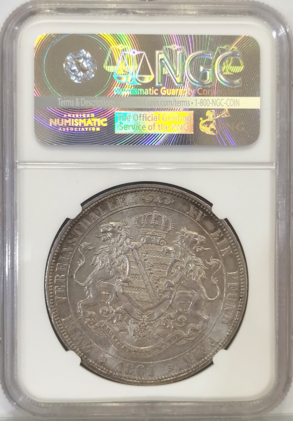 博洋堂世界钱币拍卖第019期（全场包邮） NGC AU58 1861年德国萨克森王国双狮2泰勒（单年版，热门品种）37克以上的大银币，该品种相比较市面上常见的萨克森纹章2泰勒要稀少，德国巴腾的目录价很高