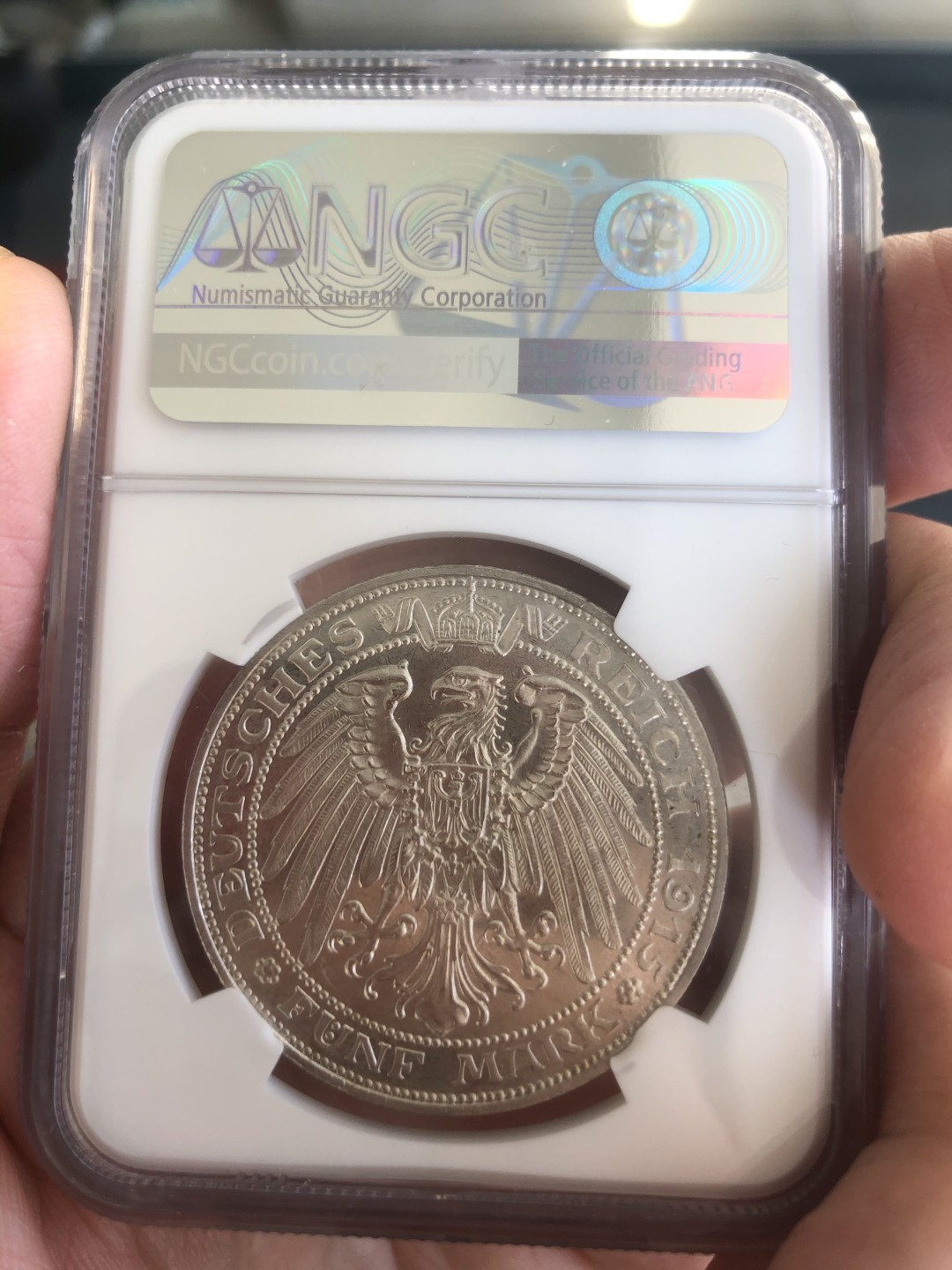 博洋堂世界钱币拍卖第019期（全场包邮） NGC PR65 1915年德国梅克伦堡-什未林大公国5马克大银币  铸造量仅1万枚，稀有品种，底板好，收藏级，由于该品种发行时德国正处进行一战时期，政府原计划铸造2万枚该品种5马克的结果因多种原因而实际只铸造了近1万枚。