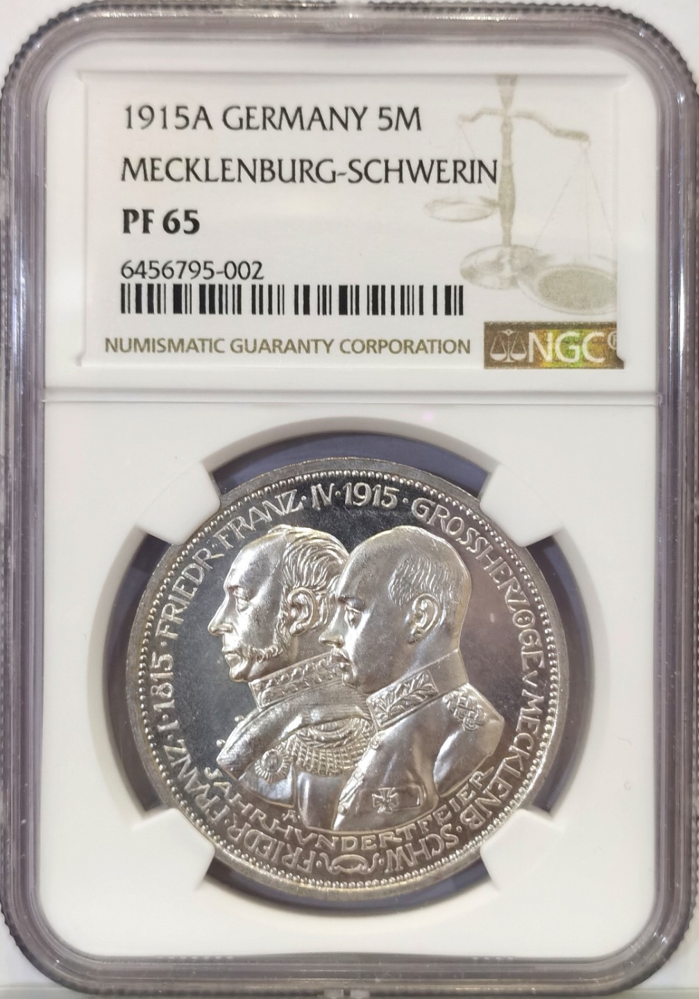博洋堂世界钱币拍卖第019期（全场包邮） NGC PR65 1915年德国梅克伦堡-什未林大公国5马克大银币  铸造量仅1万枚，稀有品种，底板好，收藏级，由于该品种发行时德国正处进行一战时期，政府原计划铸造2万枚该品种5马克的结果因多种原因而实际只铸造了近1万枚。