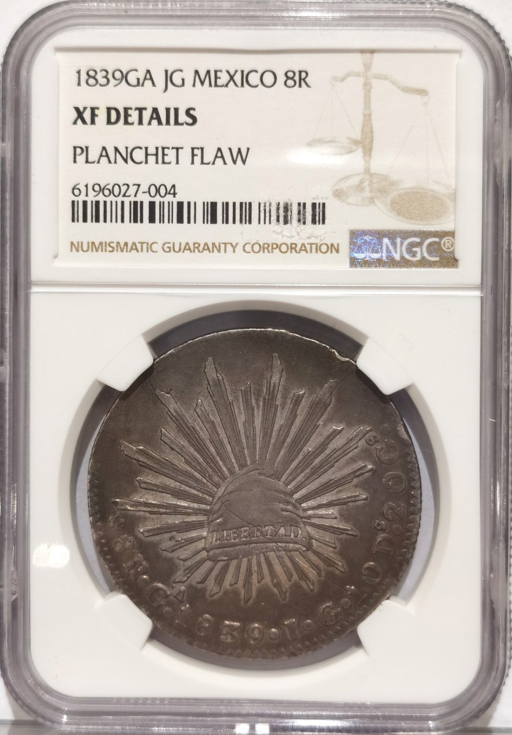 博洋堂世界钱币拍卖第019期（全场包邮） NGC XF 墨西哥1839年GA JG版花边鹰洋，海盗书五级币，币胚错误，可评错版