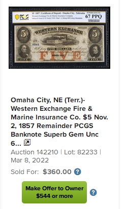 【Blue Auction】✨世界纸币精拍第301期——新纪元 【亚军分】美国 内布拉斯加州 1857年 5美金 PMG67EPQ 高分少见 大票幅设计精美 背面序列号1000001开头 老壳子