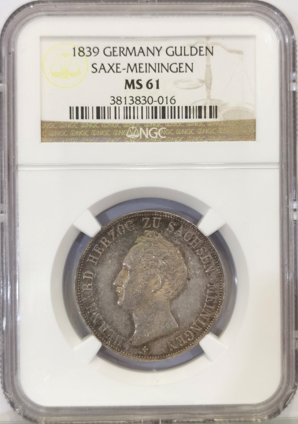 博洋堂世界钱币拍卖第019期（全场包邮） NGC MS61 1839年德国萨克森-迈宁根公国1盾  此枚NGC冠军分  该品种流通充分，铸造量少好品存世量更稀少，这枚正面有点PL，欧洲纸袋五彩包浆