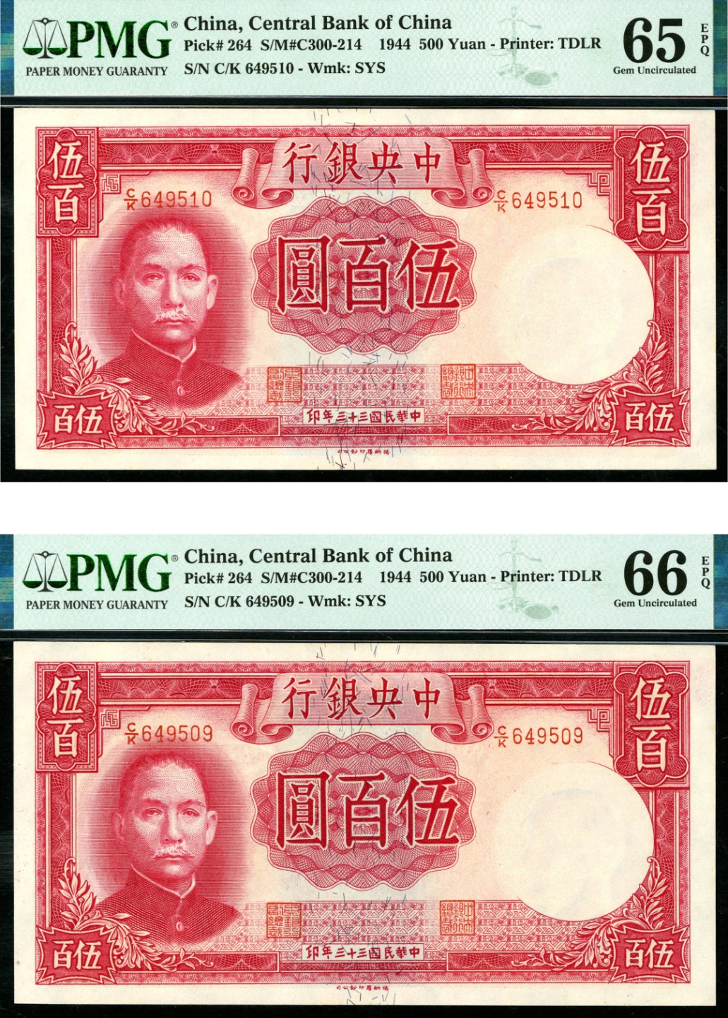 恩福第2023年春季拍卖  民国三十三年（1944年）中央银行，伍佰圆，德纳罗版，号码断连，一组六枚，PMG 64-PMG 66 EPQ
