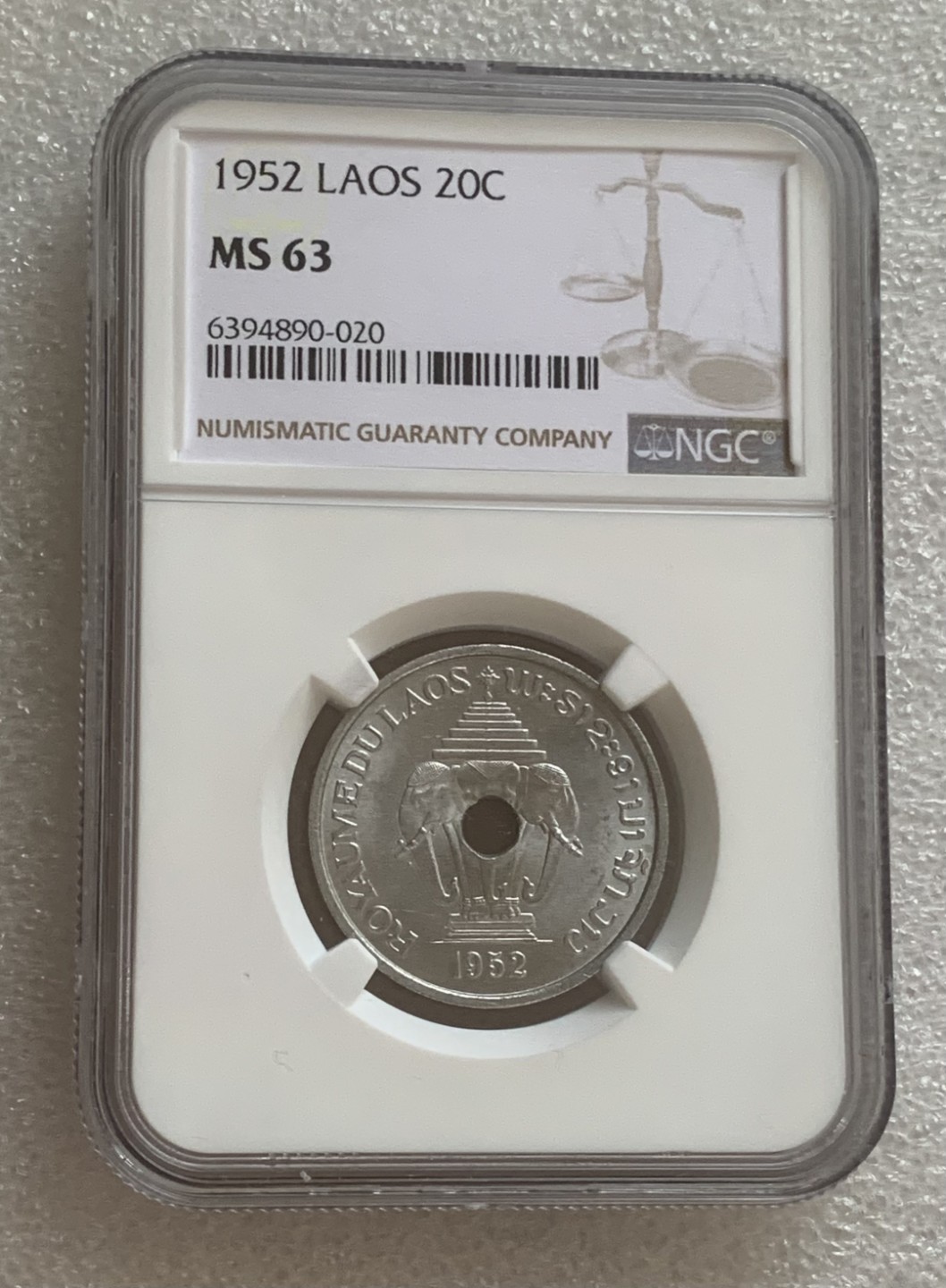 瓶子🏺第83期拍卖会 老挝1952年20分硬币NGC MS63