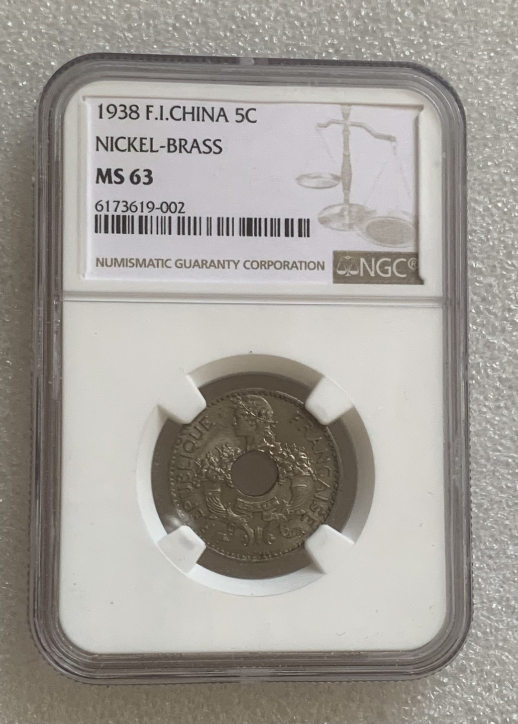 瓶子🏺第83期拍卖会 法属1938年支那5分硬币NGC MS63