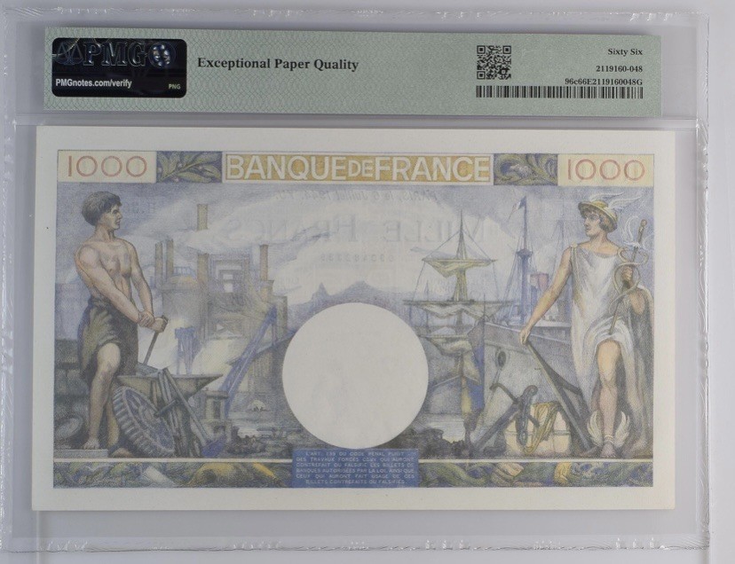 收藏联盟Quantum Auction 第241期拍卖  法国1944年1000法郎 PMG66 大票幅 