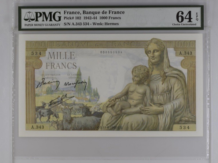 收藏联盟Quantum Auction 第241期拍卖  法国1942年1000法郎 PMG64e