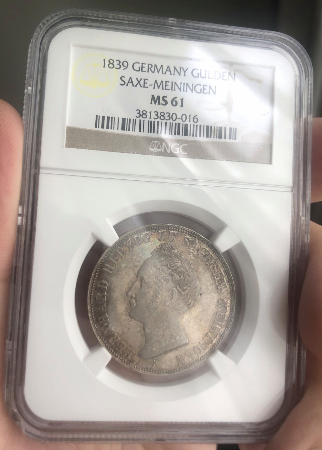 博洋堂世界钱币拍卖第019期（全场包邮） NGC MS61 1839年德国萨克森-迈宁根公国1盾  此枚NGC冠军分  该品种流通充分，铸造量少好品存世量更稀少，这枚正面有点PL，欧洲纸袋五彩包浆