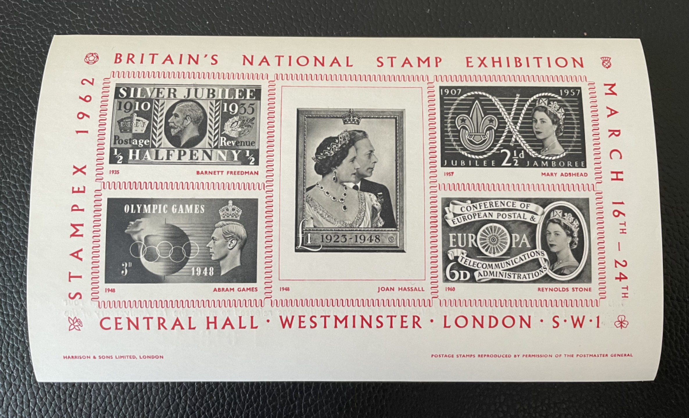 1962年英国邮展纪念邮票全张新，原胶上品