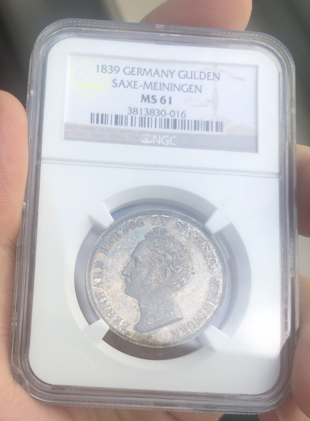 博洋堂世界钱币拍卖第019期（全场包邮） NGC MS61 1839年德国萨克森-迈宁根公国1盾  此枚NGC冠军分  该品种流通充分，铸造量少好品存世量更稀少，这枚正面有点PL，欧洲纸袋五彩包浆