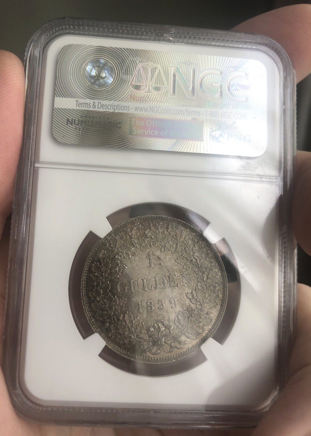 博洋堂世界钱币拍卖第019期（全场包邮） NGC MS61 1839年德国萨克森-迈宁根公国1盾  此枚NGC冠军分  该品种流通充分，铸造量少好品存世量更稀少，这枚正面有点PL，欧洲纸袋五彩包浆