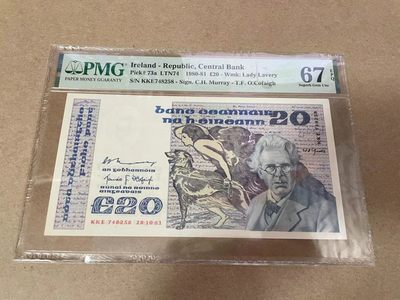 【Blue Auction】✨世界纸币精拍第303期【精】 - 【初版冠军分】爱尔兰 1980-81年20镑 叶芝 PMG67EPQ 高分