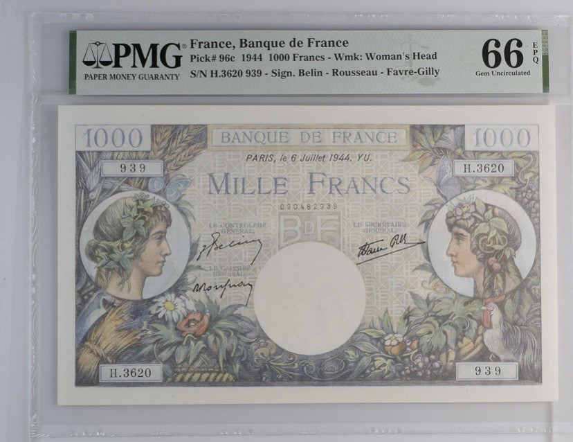 收藏联盟Quantum Auction 第241期拍卖  法国1944年1000法郎 PMG66 大票幅 
