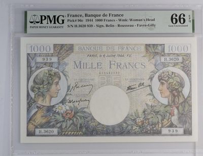 收藏联盟Quantum Auction 第241期拍卖  - 法国1944年1000法郎 PMG66 大票幅 