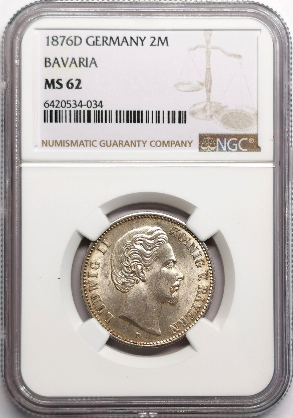 凡希社世界钱币微拍第二百三十二期 1876D巴伐利亚短翅2马克NGC-MS62稀少！