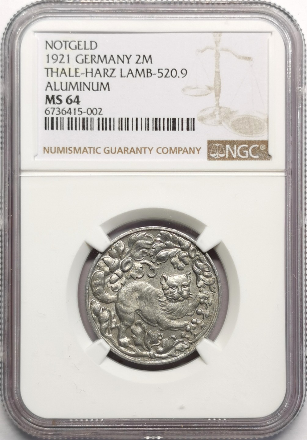 凡希社世界钱币微拍第二百三十二期 1921德紧塔勒哈茨2马克铝币NGC-MS64