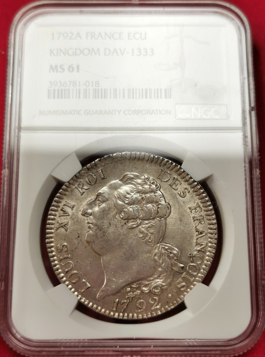 凡希社世界钱币微拍第二百三十二期 荐！1792A法国路易十六埃居大银NGC-MS61银光淡彩实物赞！